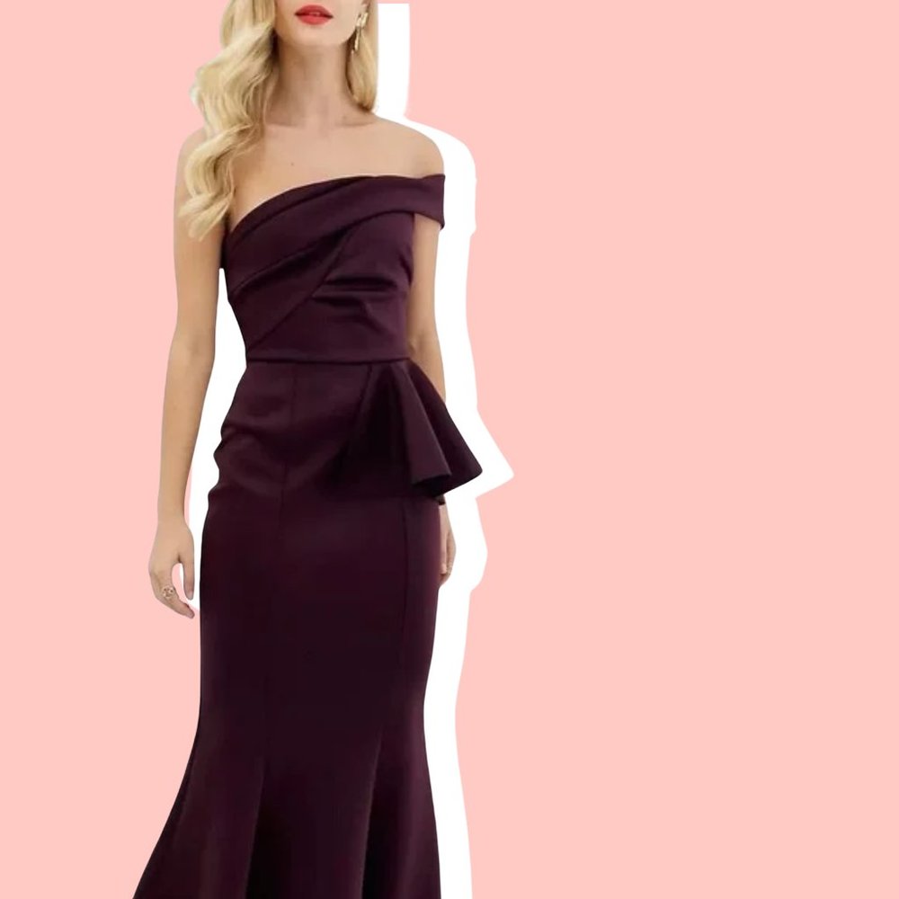 ASOS Bardot fold detail fishtail maxi dress prom dress aubergine women’s size 2